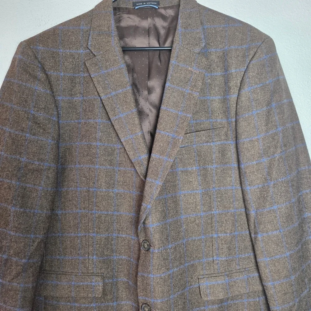 Tommy Hilfiger Sport Coat 46R Brown Blue Windowpane Wool Blend Blazer Men's